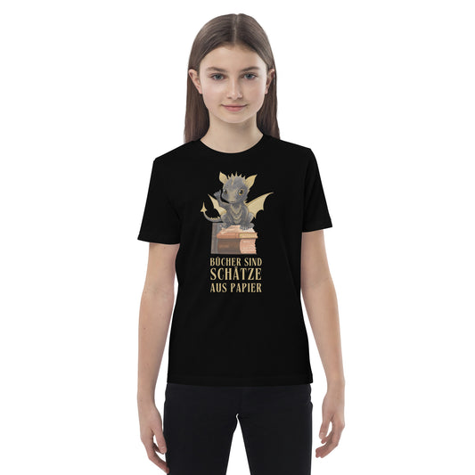 Bragi der Bücherdrache Bio-Baumwoll-T-Shirt für Kinder Bücher sind Schätze aus Papier