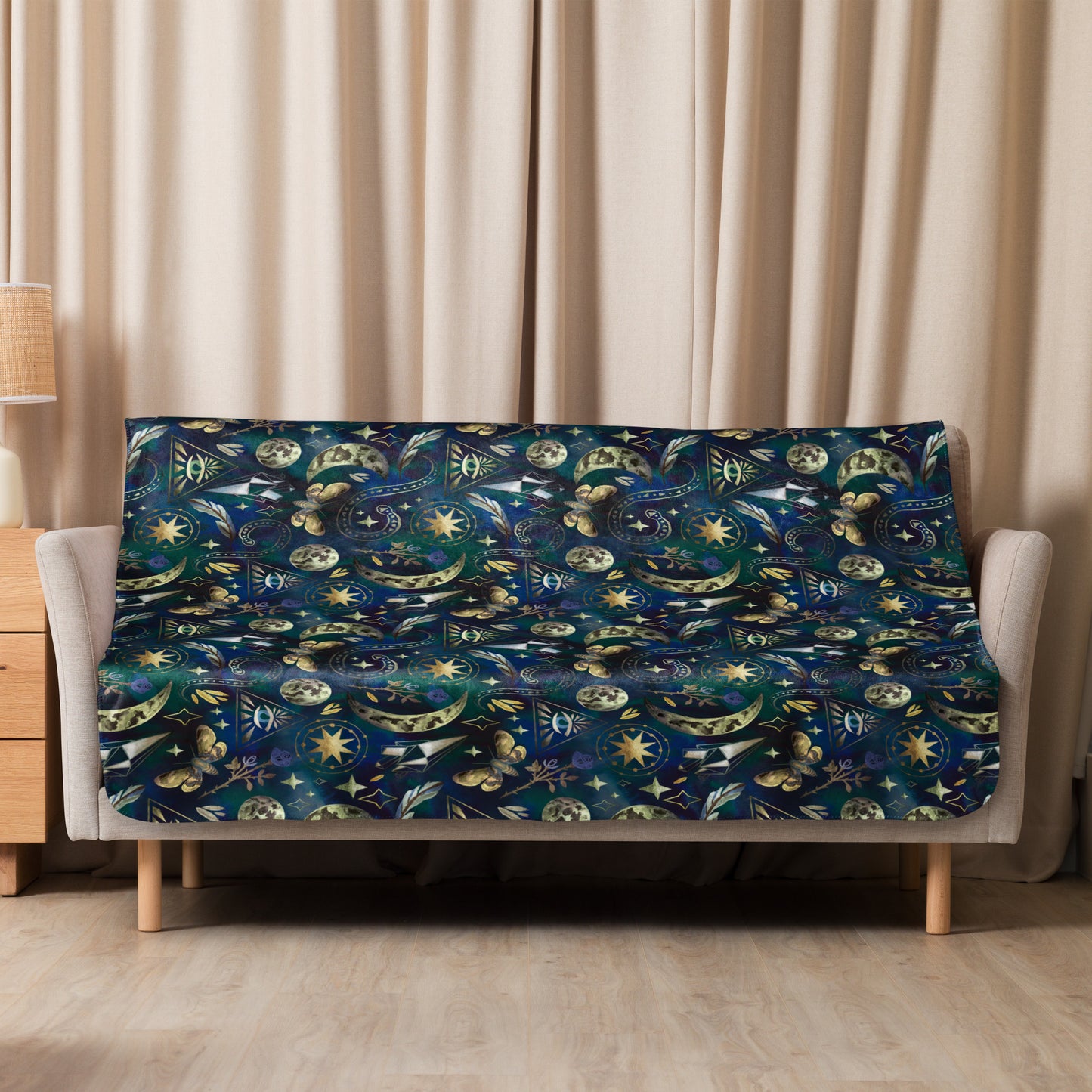 Mystische Sherpa-Decke mit magischen Symbolen in Blau