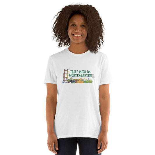 Triff mich im Wörtergarten Kurzärmeliges Unisex-T-Shirt für lesende Gärtner
